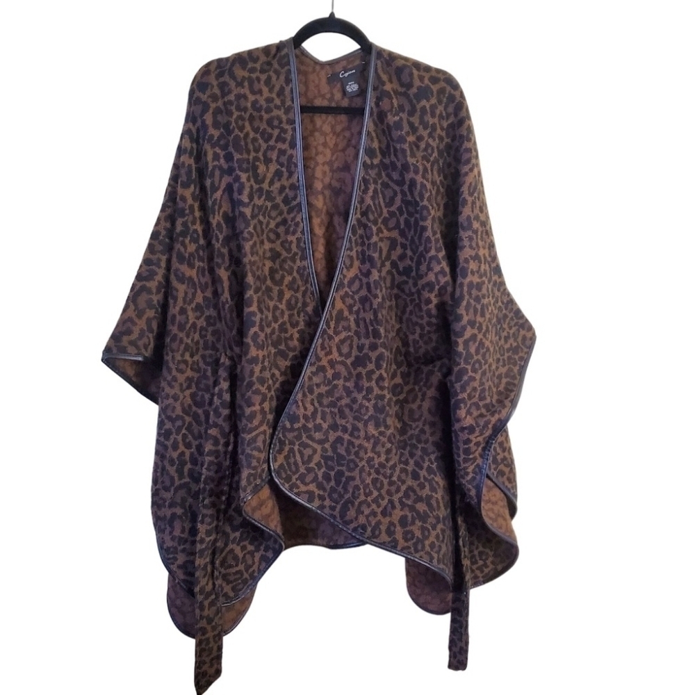 Cejon OSFM Leopard Tie Front Elastic Waist Wrap Poncho Faux Leather Trim Mobwife